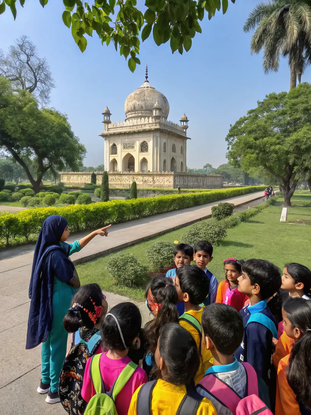 A group of students on a guided tour of a historical site, led by a knowledgeable guide, illustrating LBP's commitment to heritage education.