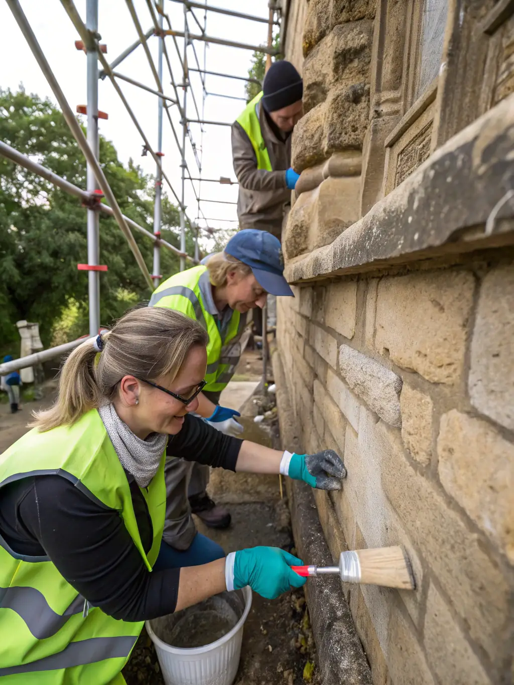 A photograph of volunteers working on the restoration of an old stone building, showcasing the hands-on aspect of LBP's heritage preservation efforts.